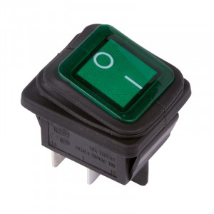 Выключатель клавишный 250V 15А (4с) ON-OFF зеленый  с подсветкой  ВЛАГОЗАЩИТА  REXANT