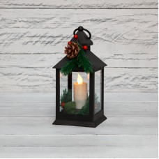Декоративный фонарь со свечкой и шишкой, черный корпус, размер 10,7x10,7x23,5 см, цвет теплый белый