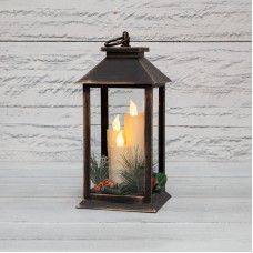 Декоративный фонарь со свечкой и шишкой, бронзовый корпус, размер 14x14x27 см, цвет теплый белый